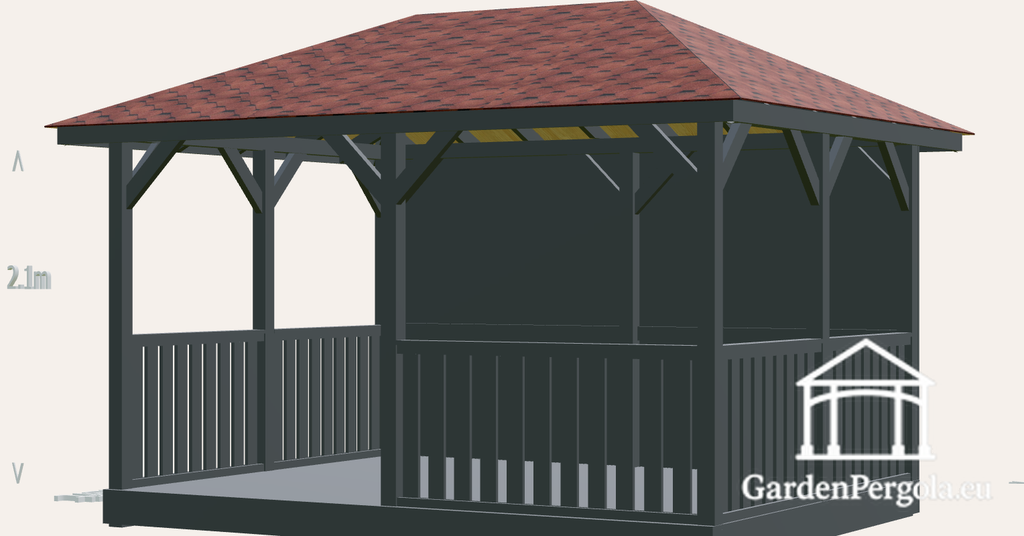 Pavillon 3x4m mit rotem Schindeldach mit vier Neigungen