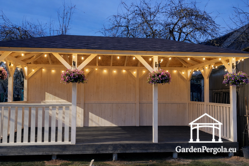 4x6m weißer Gartenpavillon mit dunkelgrauem Boden
