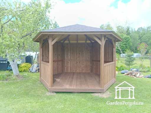 Sechseckiger dunkelgrauer Gartenpavillon mit grauem Schindeldach