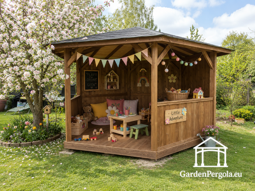 Sechseckiger dunkelgrauer Gartenpavillon mit grauem Schindeldach