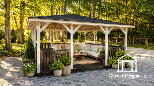 5x5 m Holzpavillon — Geräumiger Gartenpavillon mit Boden und zwei offenen Eingängen