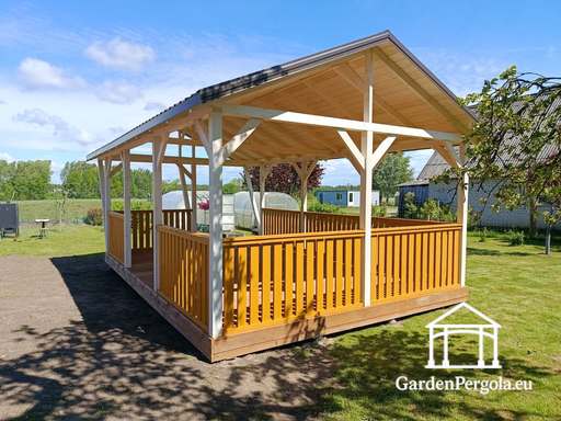 4x7 m Maßgefertigter Holzpavillon — Geräumiger Gartenpavillon mit Boden und Satteldach