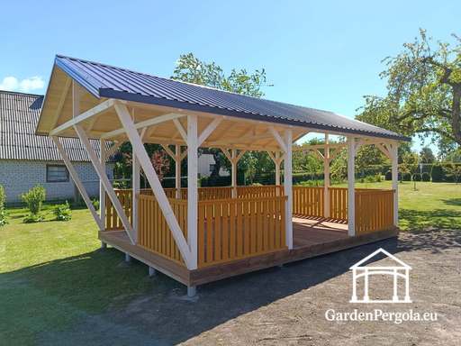 4x7 m Maßgefertigter Holzpavillon — Geräumiger Gartenpavillon mit Boden und Satteldach