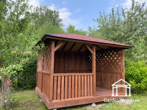 3x3,5 m Brauner Holzpavillon — Gemütlicher Gartenpavillon mit Boden, geschlossener Rückwand und dekorativen Gitterseiten - garden gazebo pergola
