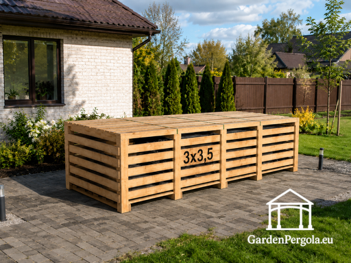 3x3,5 m Brauner Holzpavillon — Gemütlicher Gartenpavillon mit Boden, geschlossener Rückwand und dekorativen Gitterseiten