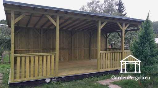 4x7 m Naturholz-Pavillon — Geräumiger Gartenpavillon mit Boden, Geländern und einseitigem Dach