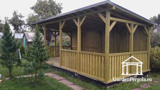4x7 m Naturholz-Pavillon — Geräumiger Gartenpavillon mit Boden, Geländern und einseitigem Dach - garden gazebo pergola