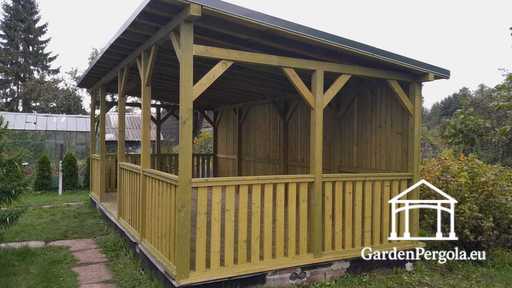 4x7 m Naturholz-Pavillon — Geräumiger Gartenpavillon mit Boden, Geländern und einseitigem Dach