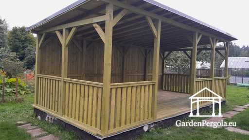4x7 m Naturholz-Pavillon — Geräumiger Gartenpavillon mit Boden, Geländern und einseitigem Dach