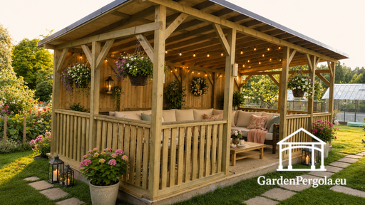 4x7 m Naturholz-Pavillon — Geräumiger Gartenpavillon mit Boden, Geländern und einseitigem Dach