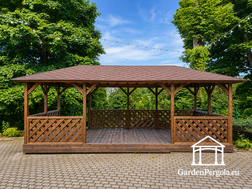4x7 m brauner Holzpavillon — Geräumiger Gartenpavillon mit Boden, Gittergeländern und Schindeldach - garden gazebo pergola