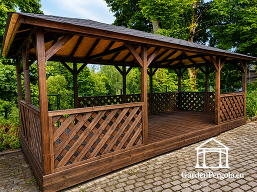 4x7 m brauner Holzpavillon — Geräumiger Gartenpavillon mit Boden, Gittergeländern und Schindeldach