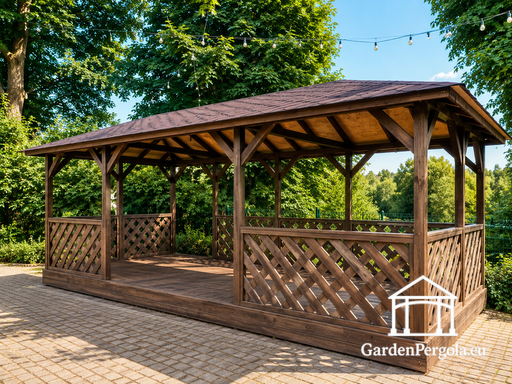 4x7 m brauner Holzpavillon — Geräumiger Gartenpavillon mit Boden, Gittergeländern und Schindeldach