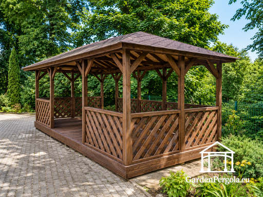 4x7 m brauner Holzpavillon — Geräumiger Gartenpavillon mit Boden, Gittergeländern und Schindeldach