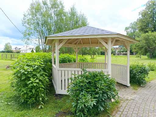 Sechseckiges Holzpavillon — gemütliches Gartenpavillon mit Boden und überdachtem Dach - garden gazebo pergola