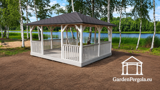 4x4,5 m Weißer Holz-Gartenpavillon mit Vorder- und Hintereingängen