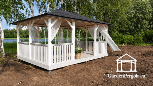 4x4,5 m Weißer Holz-Gartenpavillon mit Vorder- und Hintereingängen
