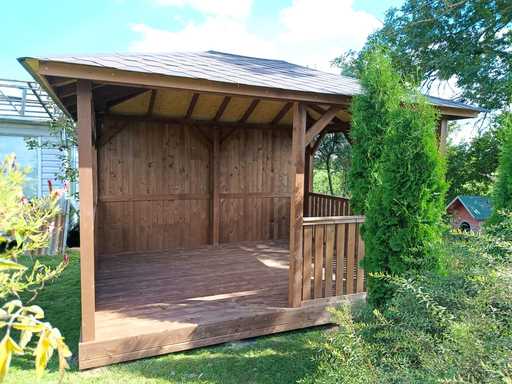 3x4 m Holzpavillon — Gemütlicher Gartenpavillon mit Boden und geschlossener Rückwand