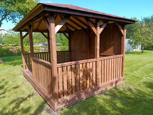 3x4 m Holzpavillon — Gemütlicher Gartenpavillon mit Boden und geschlossener Rückwand
