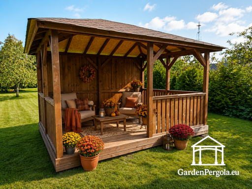 3x4 m Holzpavillon — Gemütlicher Gartenpavillon mit Boden und geschlossener Rückwand