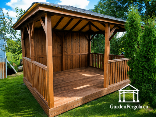 3x4 m Holzpavillon — Gemütlicher Gartenpavillon mit Boden und geschlossener Rückwand