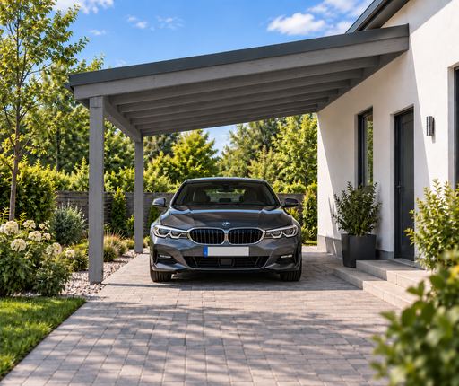4x4 m an das Haus angebauter Holzcarport