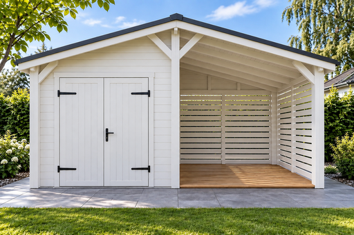 4 × 5 m Holz-Gartenlager mit Doppeltüren und überdachtem Loungebereich - garden gazebo pergola