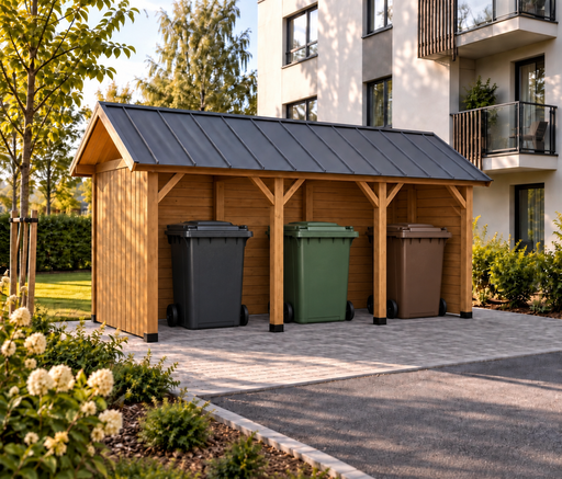 2 × 5 m Holz-Mülltonnenunterstand für Wohngebäude mit Metalldach
