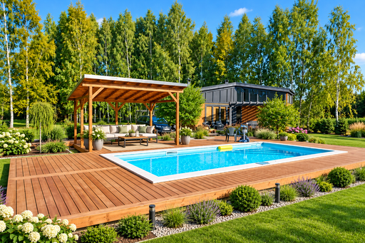Einzigartige 65 m² große natürliche Holzpoolterrasse mit integrierter Pergola