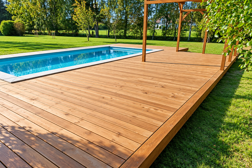 Einzigartige 65 m² große natürliche Holzpoolterrasse mit integrierter Pergola