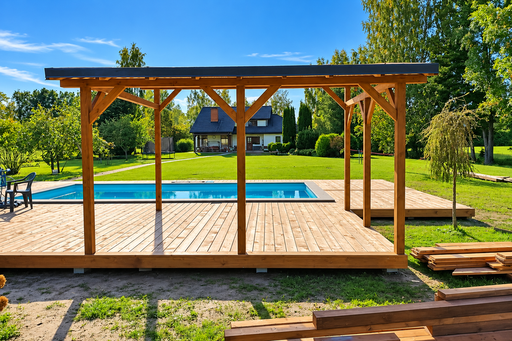 Einzigartige 65 m² große natürliche Holzpoolterrasse mit integrierter Pergola