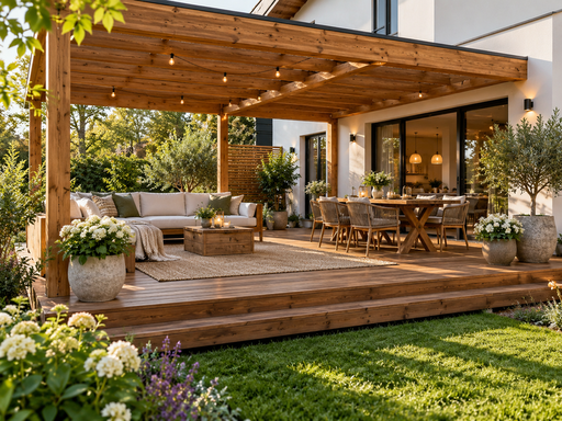 5 x 7 m natürliche Holzterrasse mit Stufe