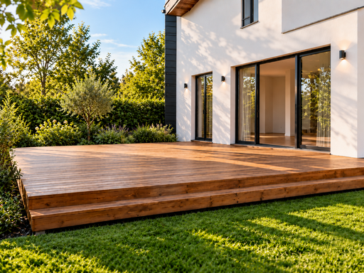5 x 7 m natürliche Holzterrasse mit Stufe - garden gazebo pergola