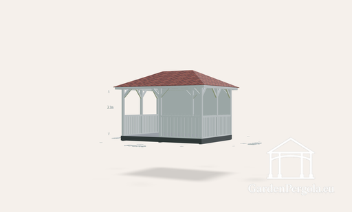 Pavillon 3x4m mit rotem Schindeldach mit vier Neigungen