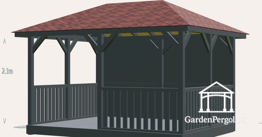 Pavillon 3x4m mit rotem Schindeldach mit vier Neigungen